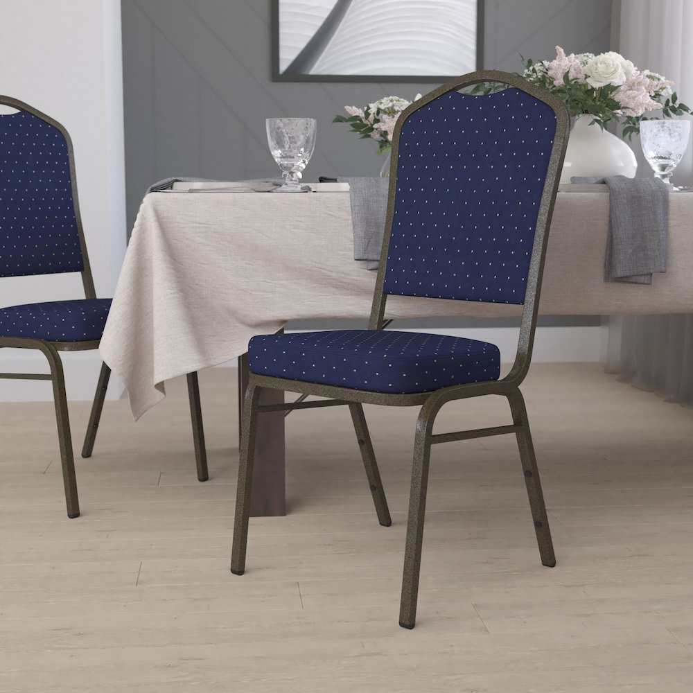 Crown Back Stacking Banquet Chair in Navy Blue Dot Fabric - Gold Vein Frame