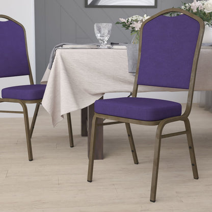 Crown Back Stacking Banquet Chair in Purple Fabric - Gold Vein Frame