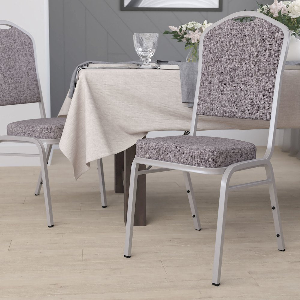 Crown Back Stacking Banquet Chair in Herringbone Fabric - Silver Frame