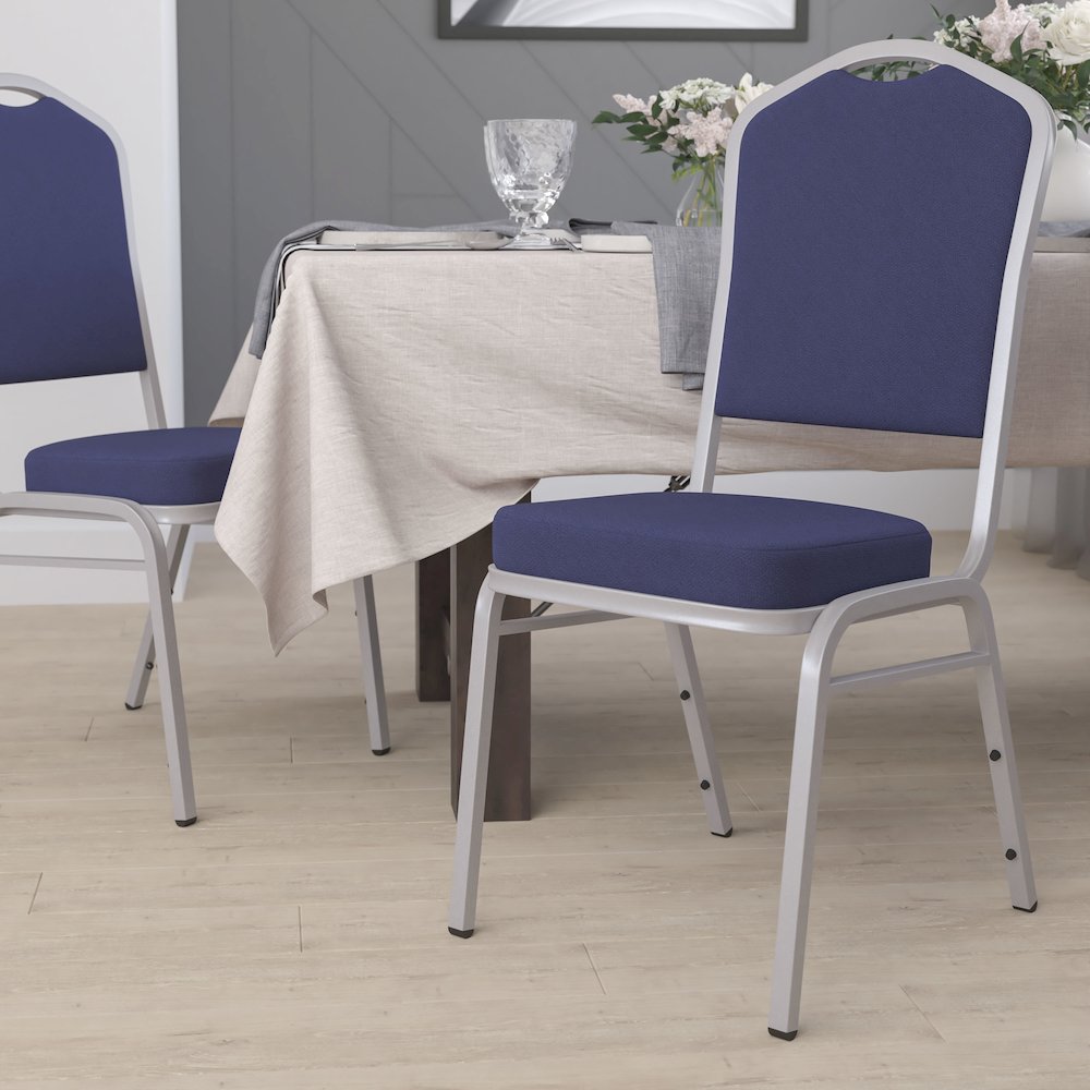 Crown Back Stacking Banquet Chair in Navy Fabric - Silver Frame