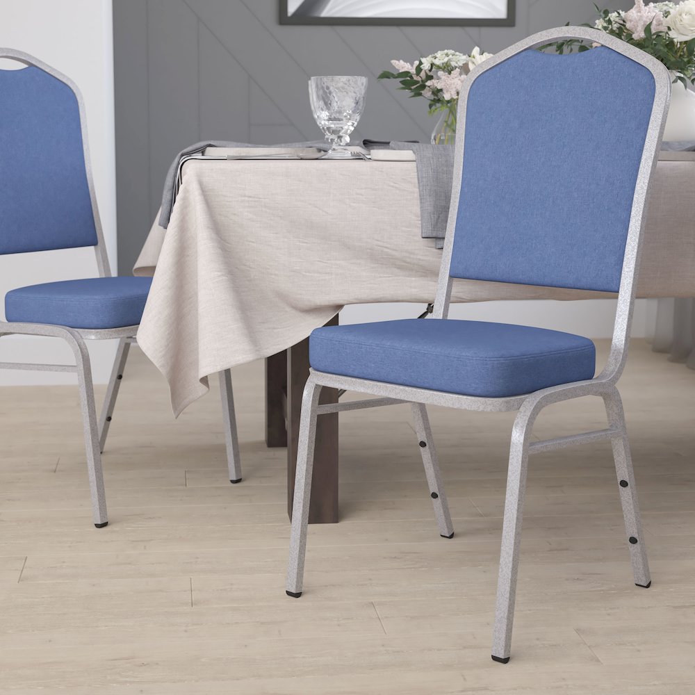 Crown Back Stacking Banquet Chair in Blue Fabric - Silver Frame