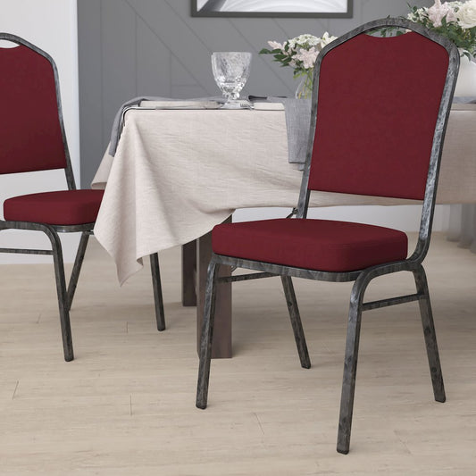 Crown Back Stacking Banquet Chair in Burgundy Fabric - Silver Vein Frame