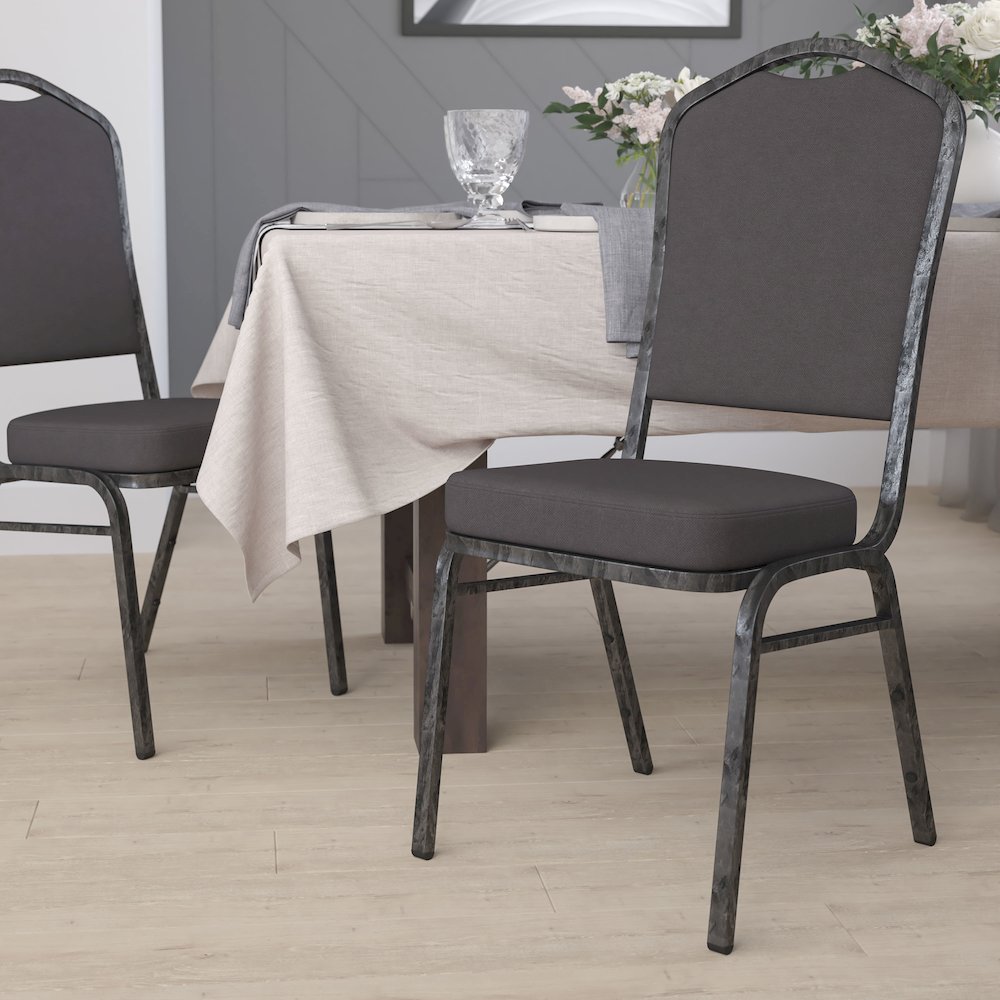 Crown Back Stacking Banquet Chair in Gray Fabric - Silver Vein Frame