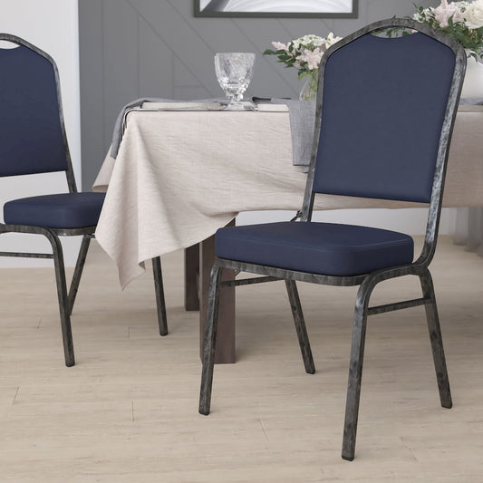 Crown Back Stacking Banquet Chair in Navy Vinyl - Silver Vein Frame