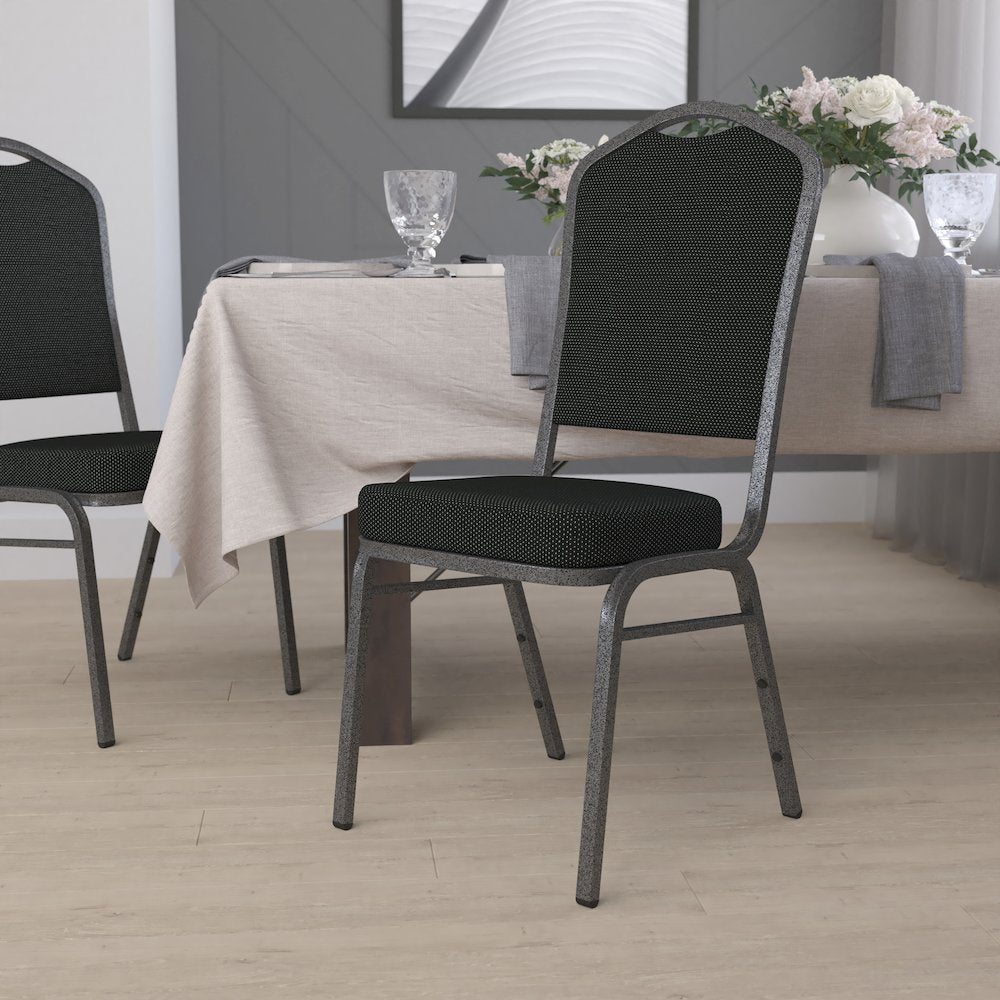 Crown Back Stacking Banquet Chair in Black Dot Fabric - Silver Vein Frame