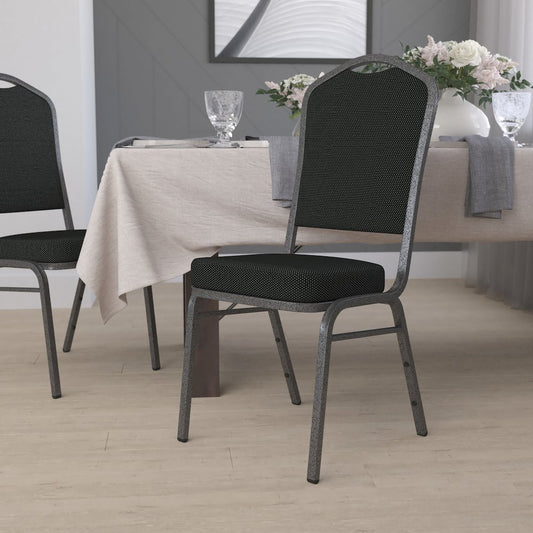 Crown Back Stacking Banquet Chair in Black Dot Fabric - Silver Vein Frame