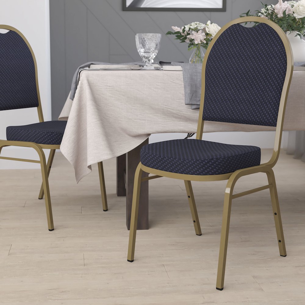 Dome Back Stacking Banquet Chair in Navy Patterned Fabric - Gold Frame