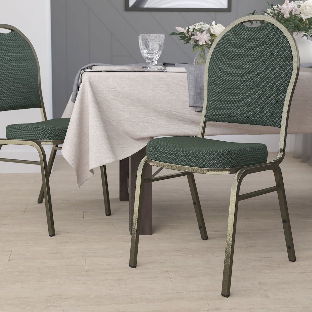 Dome Back Stacking Banquet Chair in Green Patterned Fabric - Gold Vein Frame