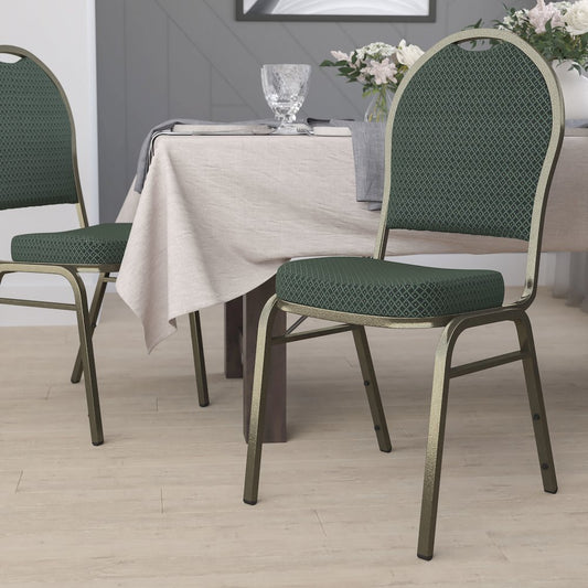 Dome Back Stacking Banquet Chair in Green Patterned Fabric - Gold Vein Frame