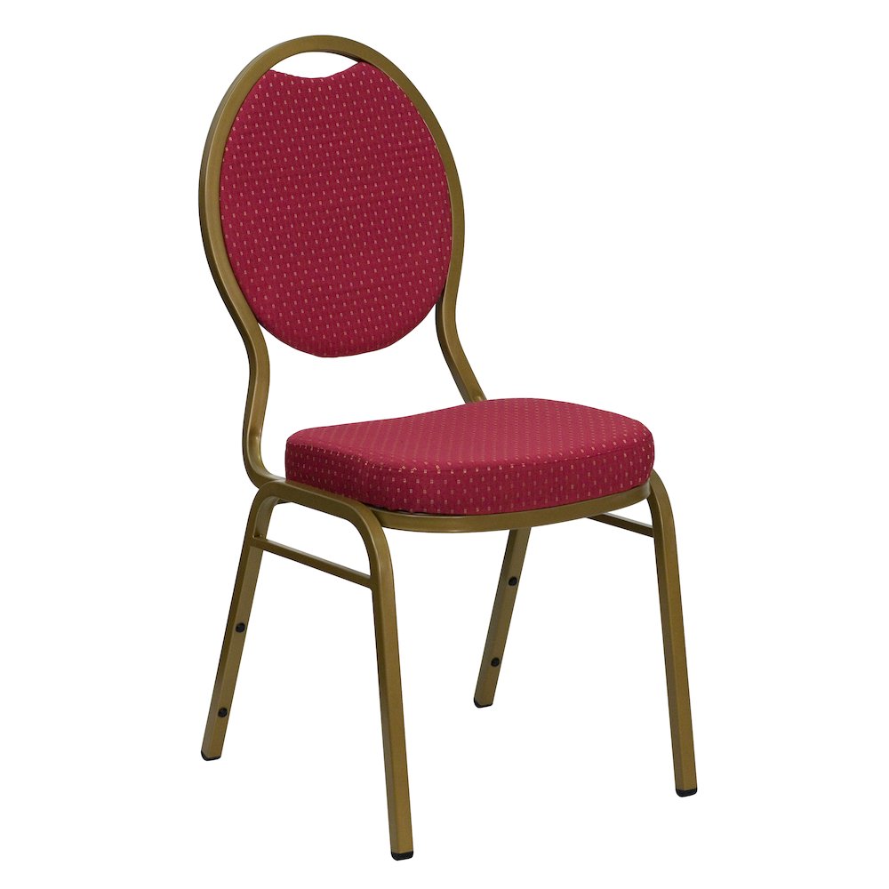Teardrop Back Stacking Banquet Chair in Burgundy Patterned Fabric - Gold Frame