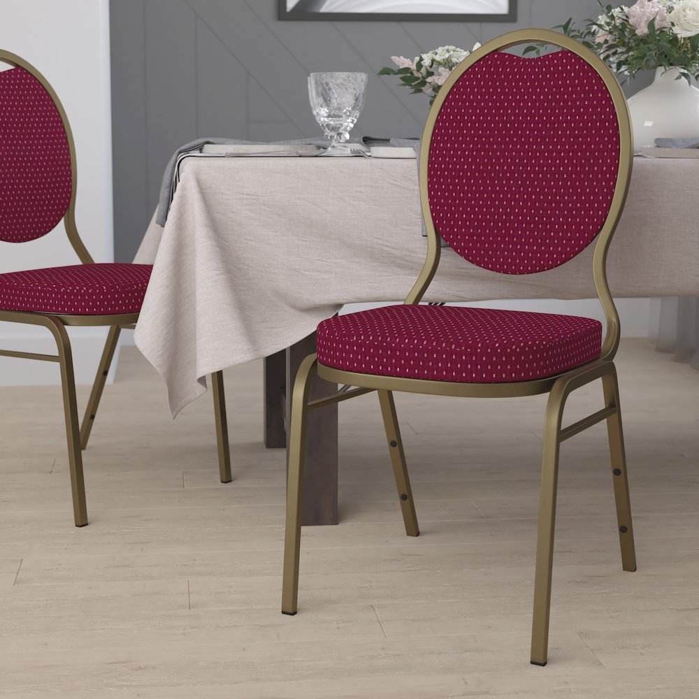 Teardrop Back Stacking Banquet Chair in Burgundy Patterned Fabric - Gold Frame