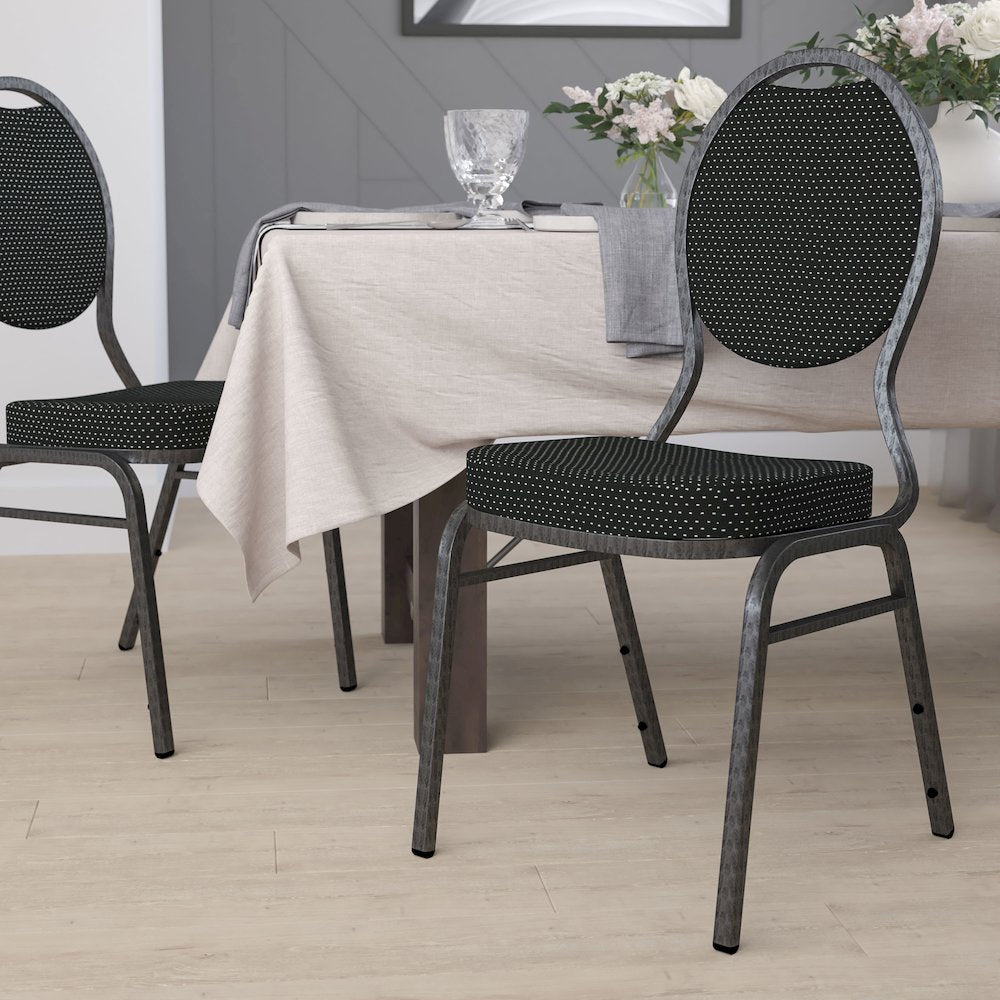 Teardrop Back Stacking Banquet Chair in Black Fabric - Silver Vein Frame