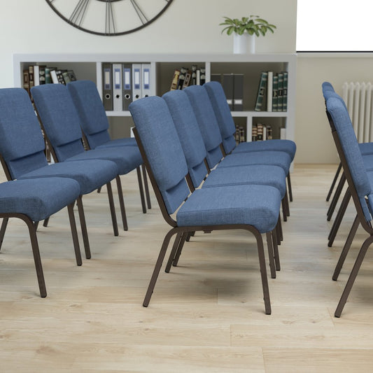 18.5''W Stacking Church Chair in Blue Fabric - Gold Vein Frame
