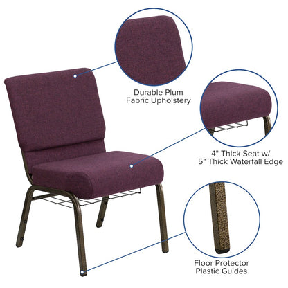 21''W Church Chair in Plum Fabric with Cup Book Rack - Gold Vein Frame