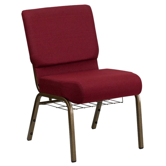 21''W Church Chair in Burgundy Fabric with Cup Book Rack - Gold Vein Frame