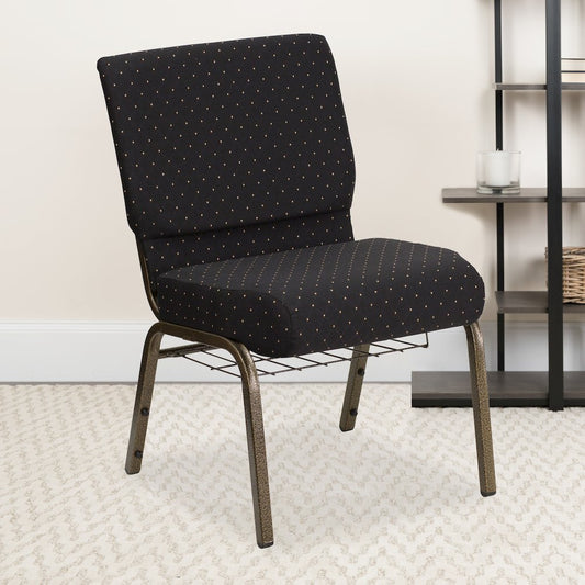 21''W Church Chair in Black Dot Fabric with Cup Book Rack - Gold Vein Frame