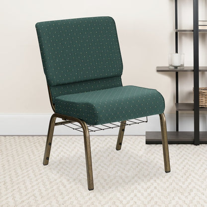 21''W Church Chair in Hunter Green Dot Fabric with Book Rack - Gold Vein Frame