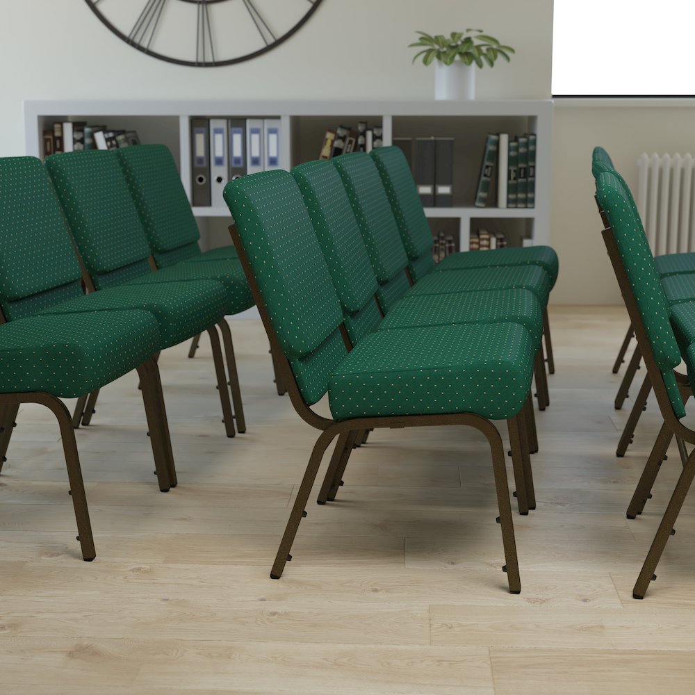 21''W Stacking Church Chair in Hunter Green Dot Fabric - Gold Vein Frame