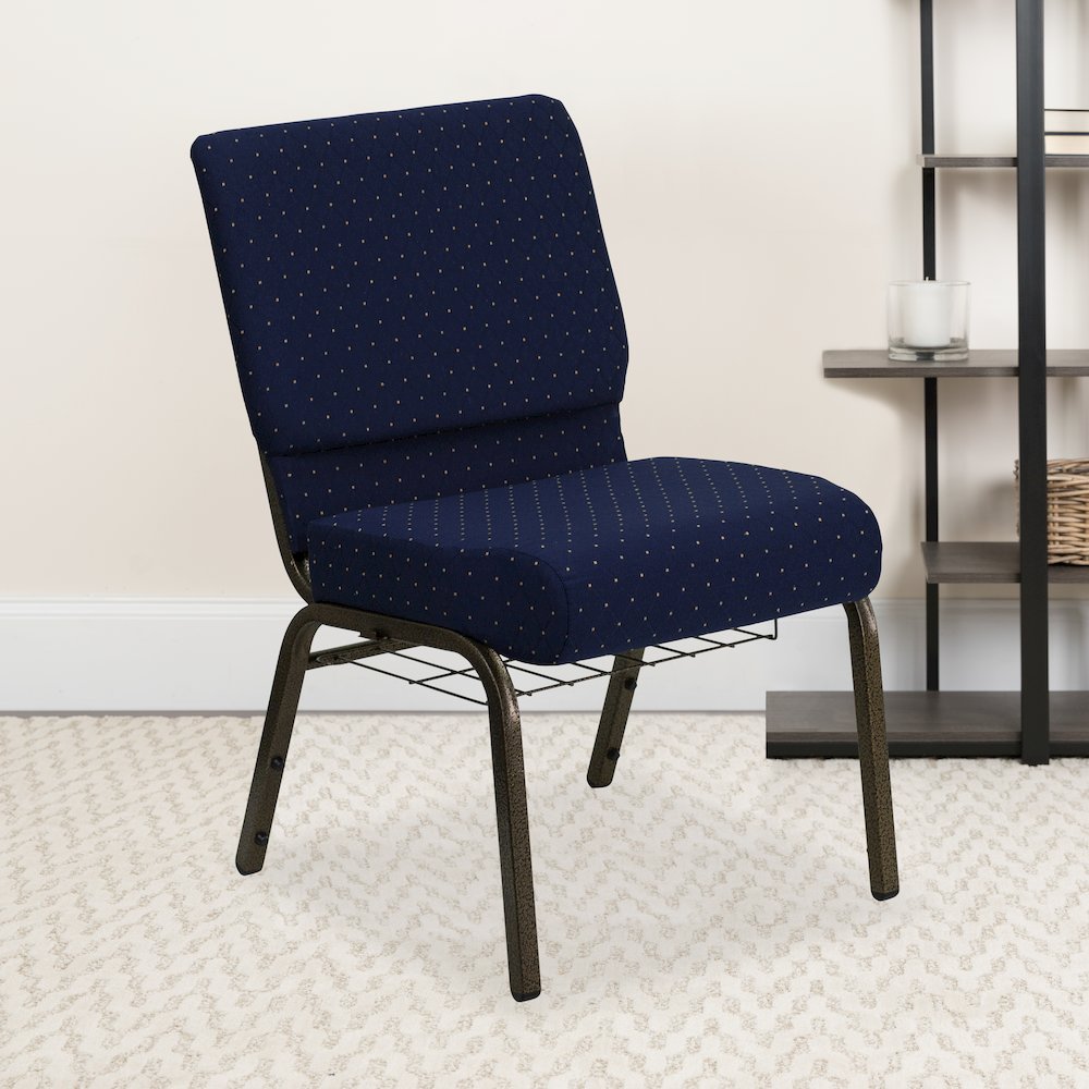 21''W Church Chair in Navy Blue Dot Fabric with Book Rack - Gold Vein Frame