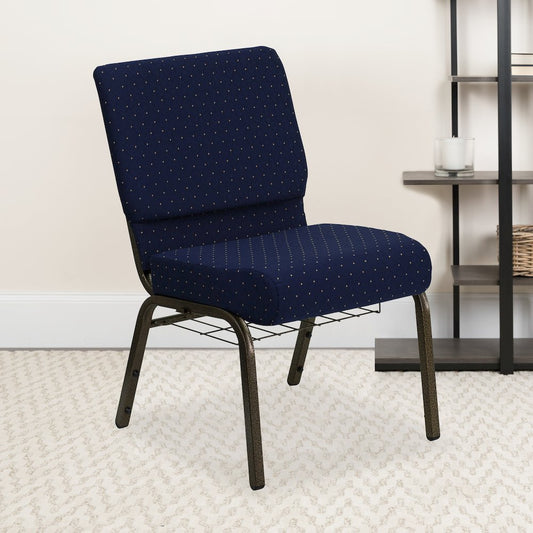 21''W Church Chair in Navy Blue Dot Fabric with Book Rack - Gold Vein Frame