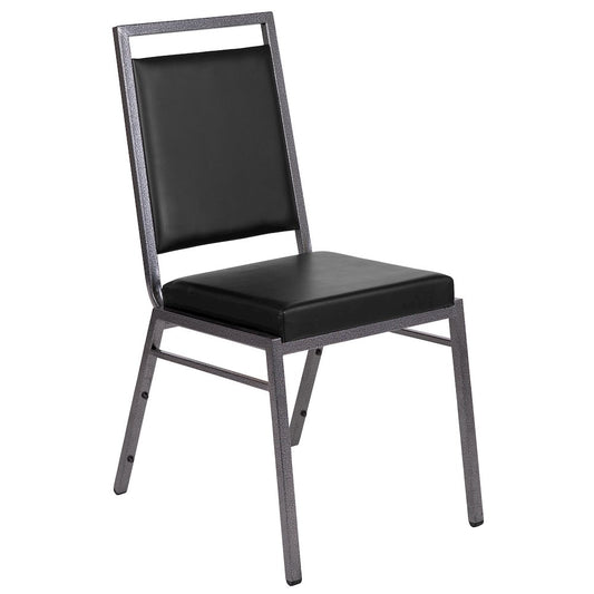 Square Back Stacking Banquet Chair in Black Vinyl with Silvervein Frame