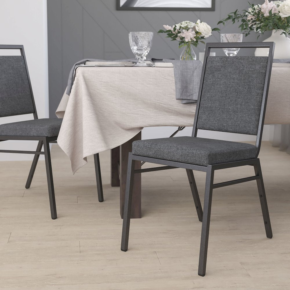 Square Back Stacking Banquet Chair in Dark Gray Fabric with Silvervein Frame