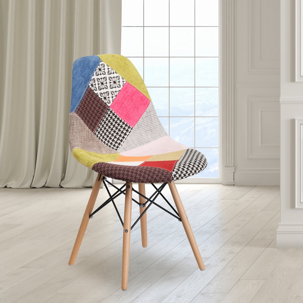 Milan Patchwork Fabric Chair with Wooden Legs