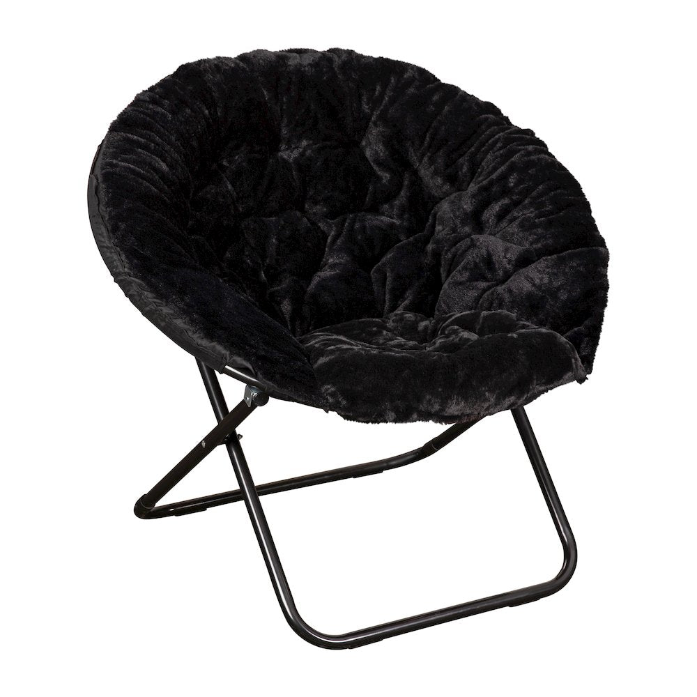 38" Portable Faux Fur Folding Saucer Moon Chair, Black Faux Fur/Black Frame