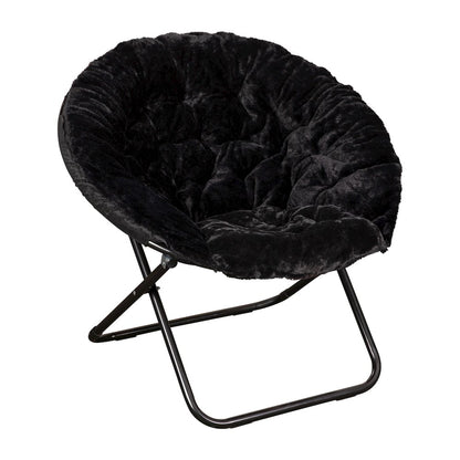 38" Portable Faux Fur Folding Saucer Moon Chair, Black Faux Fur/Black Frame