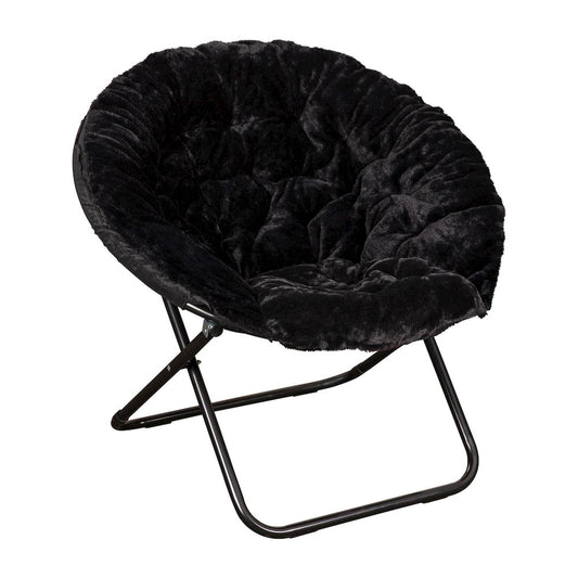 38" Portable Faux Fur Folding Saucer Moon Chair, Black Faux Fur/Black Frame