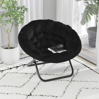 38" Portable Faux Fur Folding Saucer Moon Chair, Black Faux Fur/Black Frame
