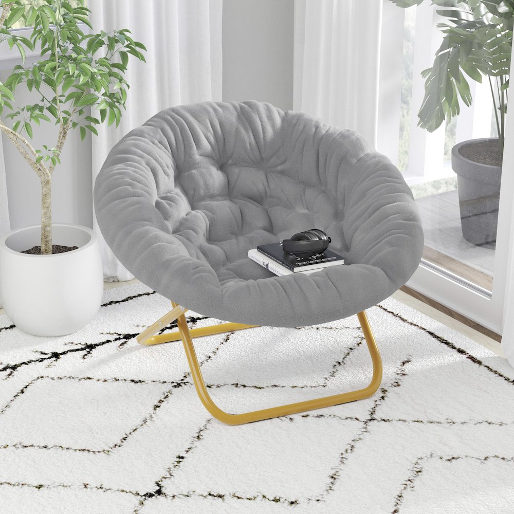 38" Portable Faux Fur Folding Saucer Moon Chair, Gray Faux Fur/Soft Gold Frame