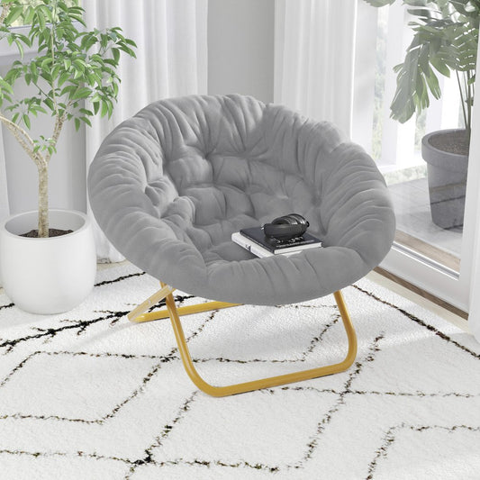 38" Portable Faux Fur Folding Saucer Moon Chair, Gray Faux Fur/Soft Gold Frame