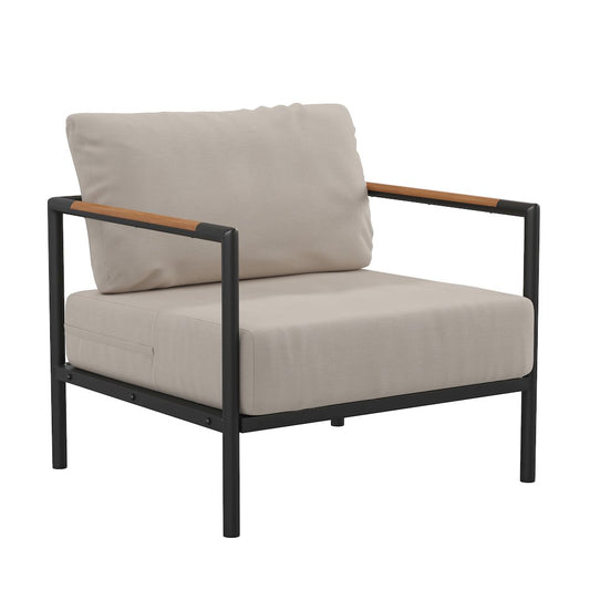 Patio Chair with Cushions - Aluminum Framed Chair, Black with Beige Cushions