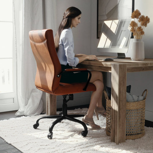 High Back Brown Executive Swivel Office Chair with Black Frame and Arms
