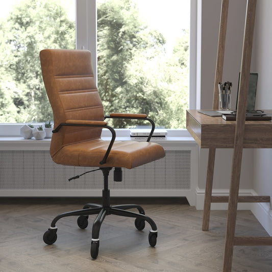 High Back Brown Executive Swivel Office Chair with Black Frame, Arms,