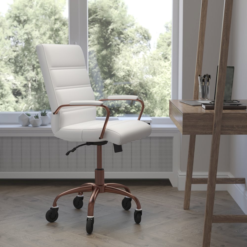 Mid-Back White Executive Swivel Office Chair with Rose Gold Frame, Arms,