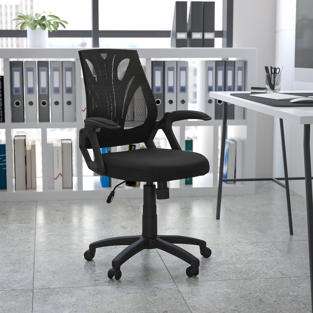 Mid-Back Designer Black Mesh Swivel Task Office Chair with Open Arms