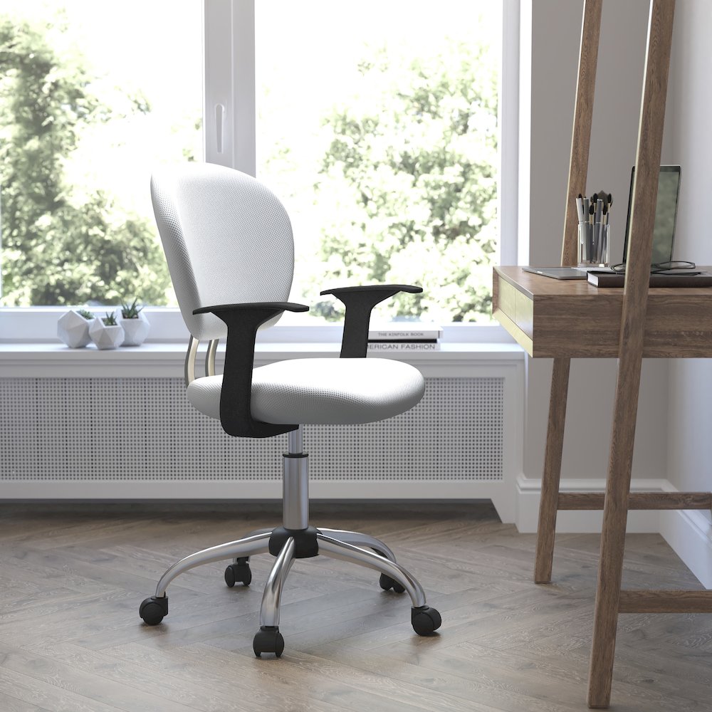 Mid-Back White Mesh Padded Swivel Task Office Chair with Chrome Base and Arms