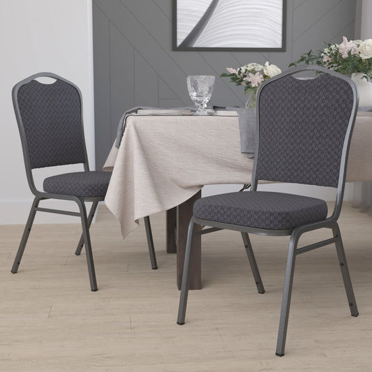 Crown Back Stacking Banquet Chair in Black Patterned Fabric - Silver Vein Frame