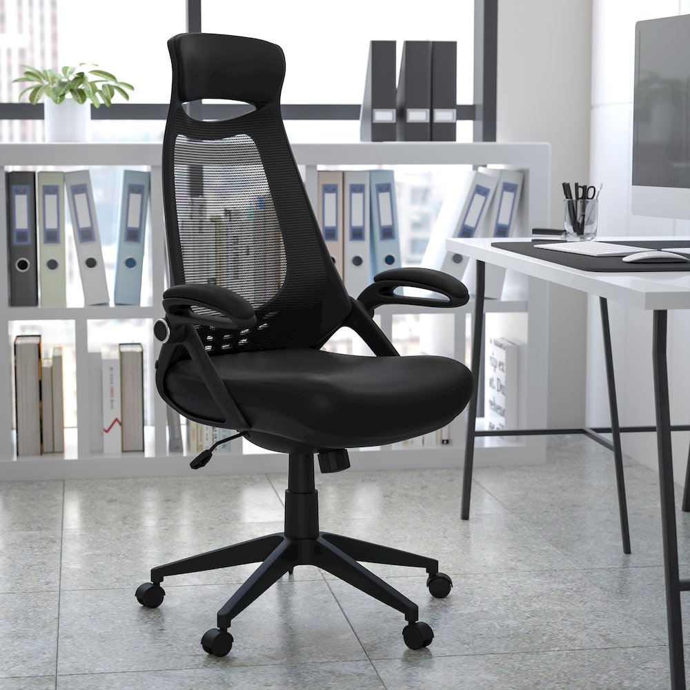 High Back Black Mesh Executive Swivel Office Chair with Flip-Up Arms