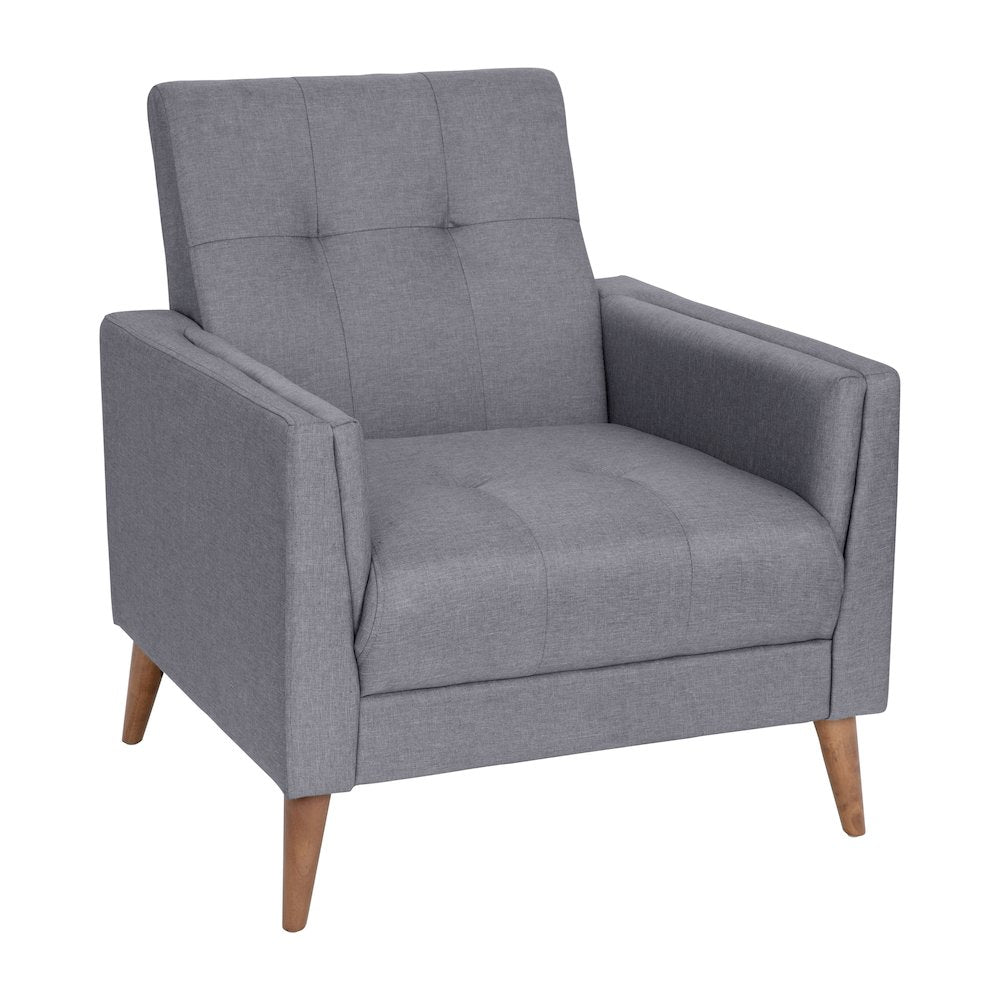 Armchair with Tufted Faux Linen Upholstery, Solid Wood Legs in Slate Gray