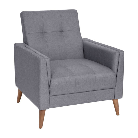 Armchair with Tufted Faux Linen Upholstery, Solid Wood Legs in Slate Gray