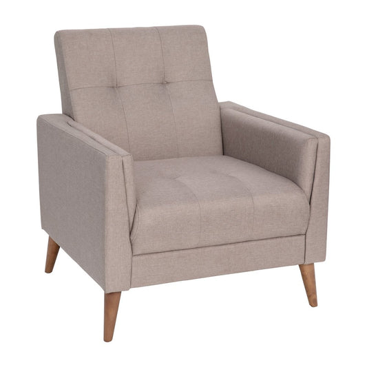 Mid-Century Armchair with Tufted Faux Linen Upholstery, Solid Wood Legs in Taupe