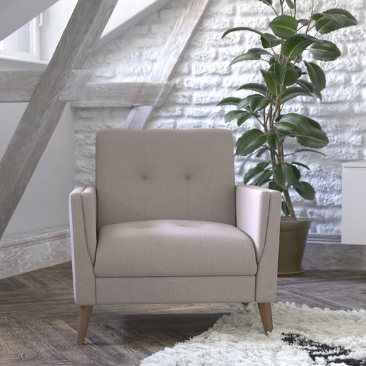 Mid-Century Armchair with Tufted Faux Linen Upholstery, Solid Wood Legs in Taupe