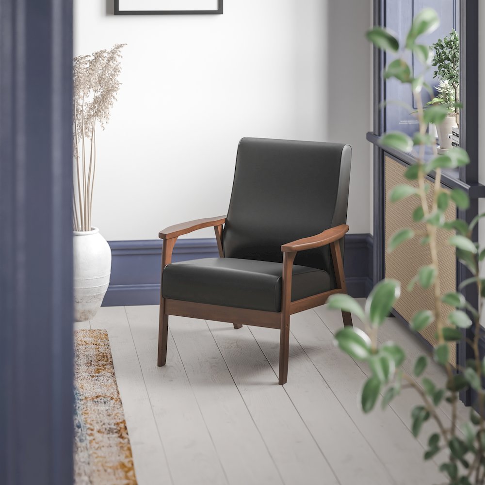 Upholstered Arm Chair with Walnut Finished Wooden Frame and Arms in Black