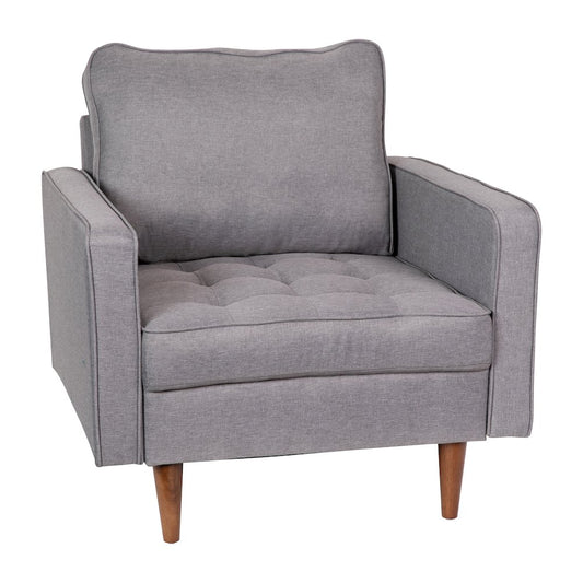 Armchair with Tufted Faux Linen Upholstery, Solid Wood Legs in Slate Gray