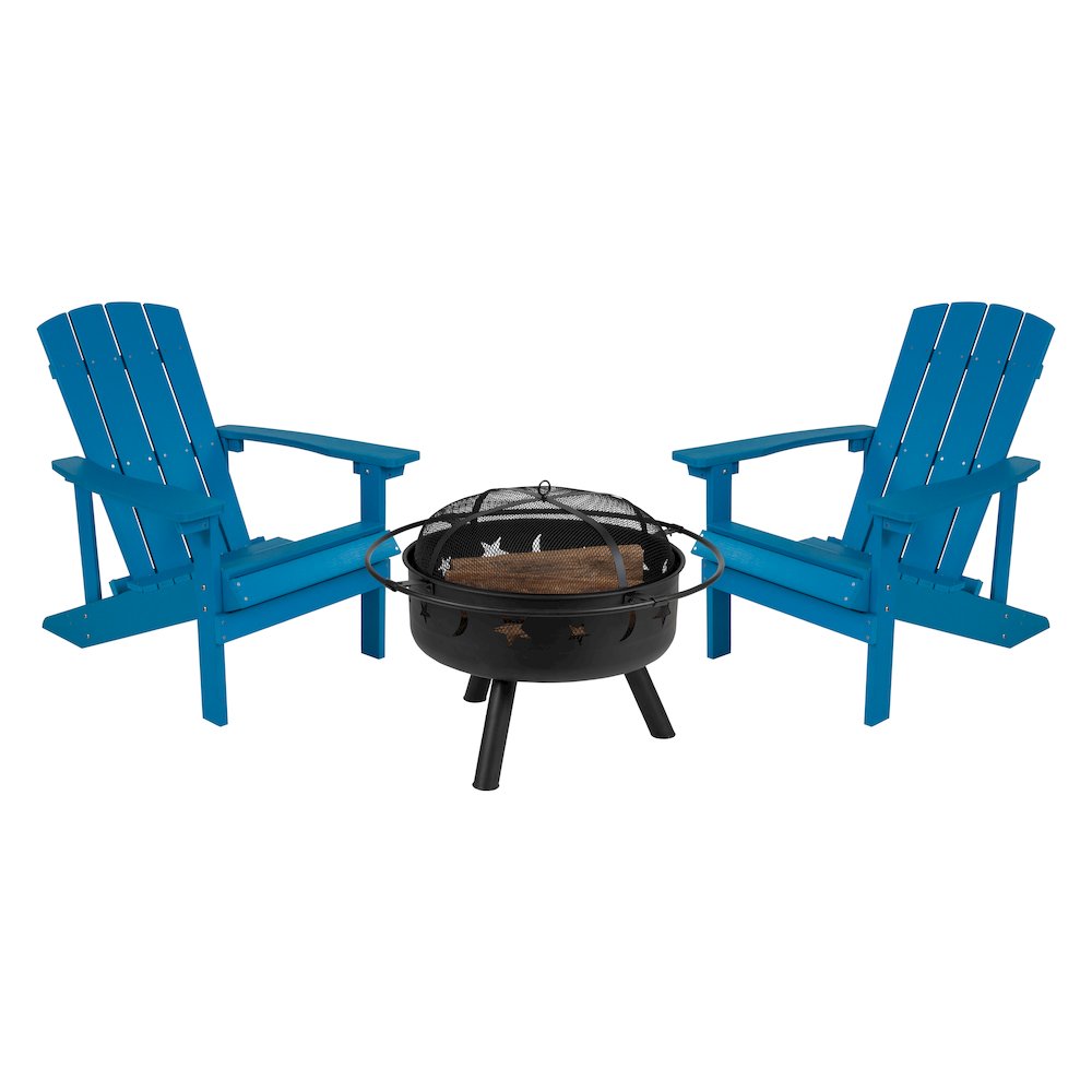 3 Piece Blue Poly Resin Wood Adirondack Chair Set with Fire Pit