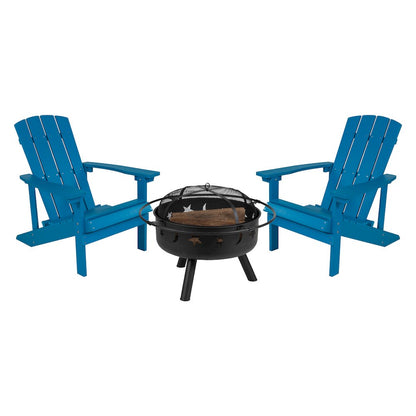 3 Piece Blue Poly Resin Wood Adirondack Chair Set with Fire Pit