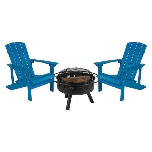 3 Piece Blue Poly Resin Wood Adirondack Chair Set with Fire Pit